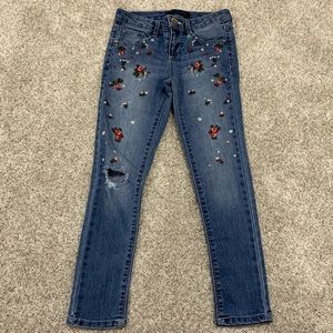 Blue Spice denim skinny jeans, floral embroidery, size 8